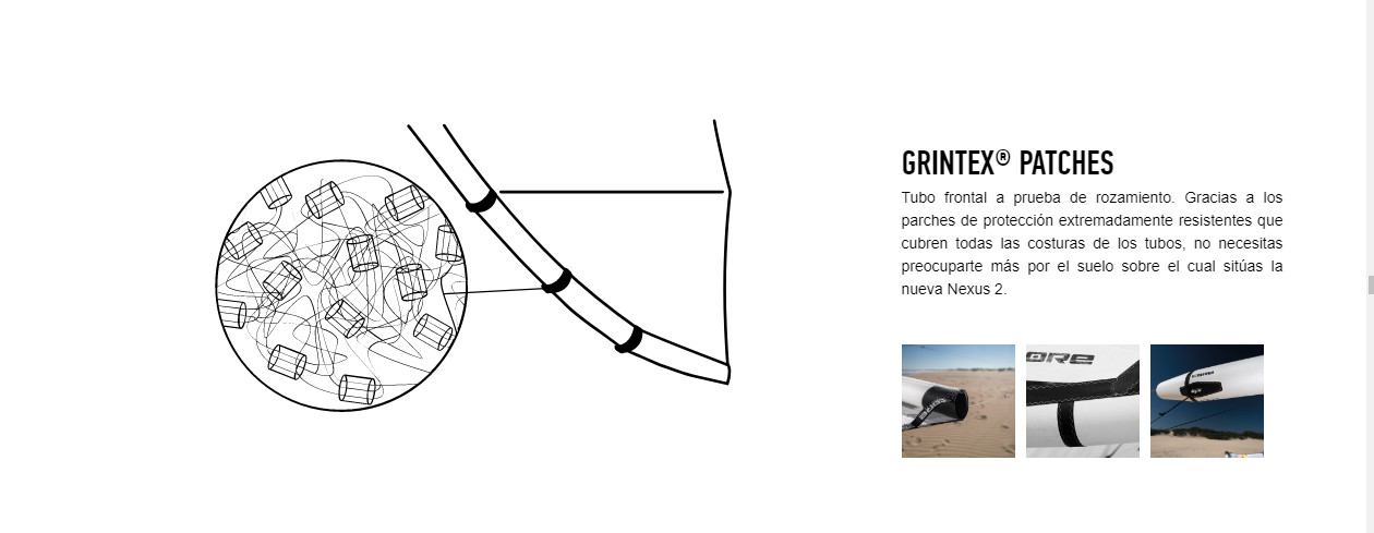 GRINTEX® PATCHES Tubo frontal a prueba de rozamiento. Gracias a los parches de protección extremadamente resistentes que cubren todas las costuras de los tubos, no necesitas preocuparte más por el suelo sobre el cual sitúas la nueva Nexus 2.